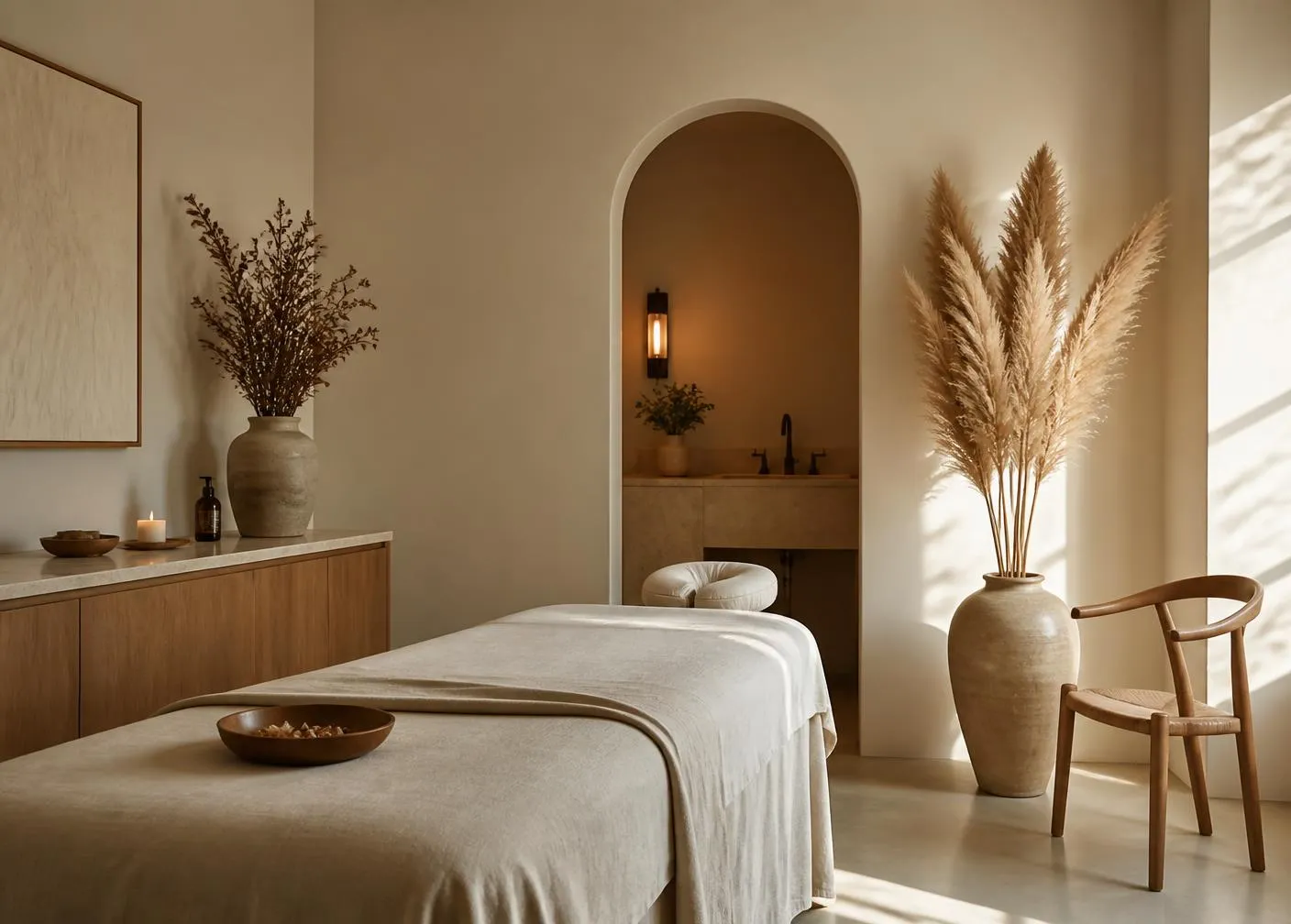 The calm ivory interior of the Serenity Garden Massage and Wellness studio